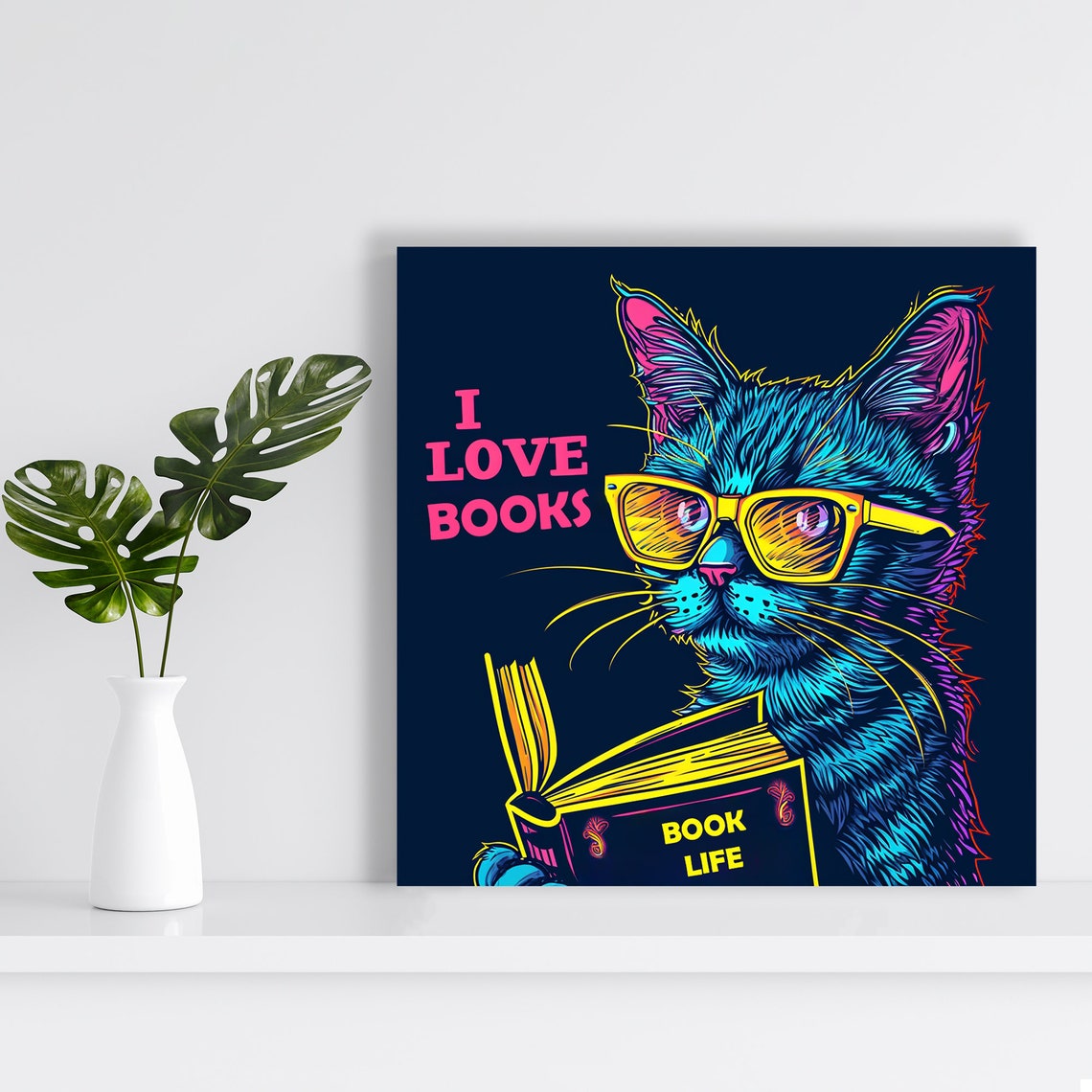 I Love Books Neon Cat Reading Glasses Library Wall Art Poster - Image 2