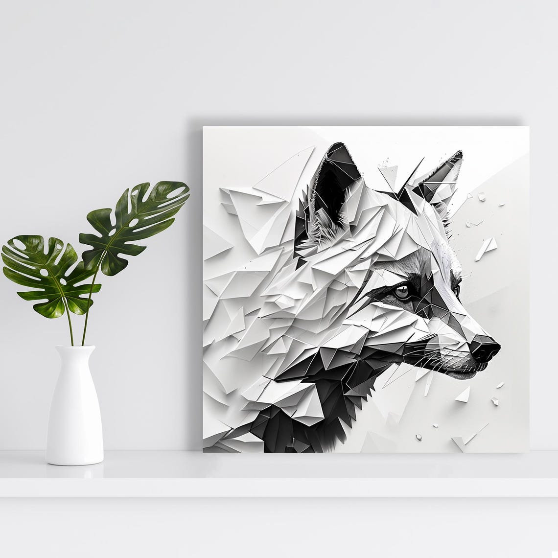 Wolf Head Geometric Low Poly Origami Black White Minimalist Art Poster - Image 2
