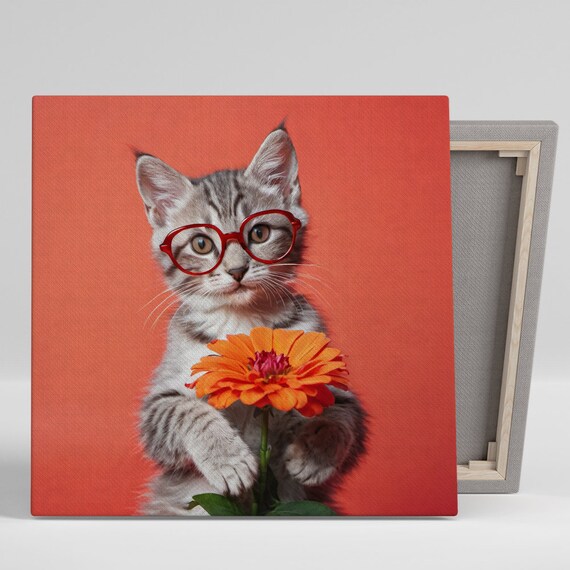Cute Kitten Red Glasses Orange Flower Playful Pop Art Poster