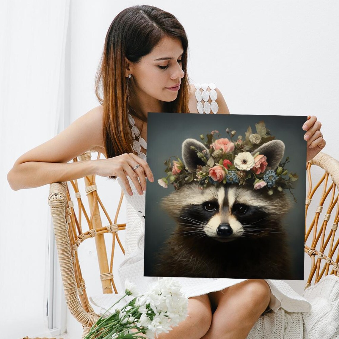 Raccoon Floral Crown Portrait Boho Woodland Animal Flower Art Poster - Image 3
