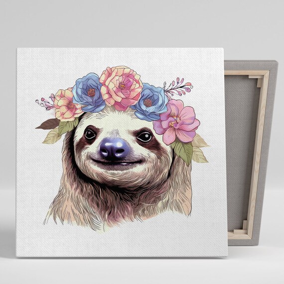 Smiling Sloth Flower Crown Portrait Whimsical Boho Nursery Decor Poster