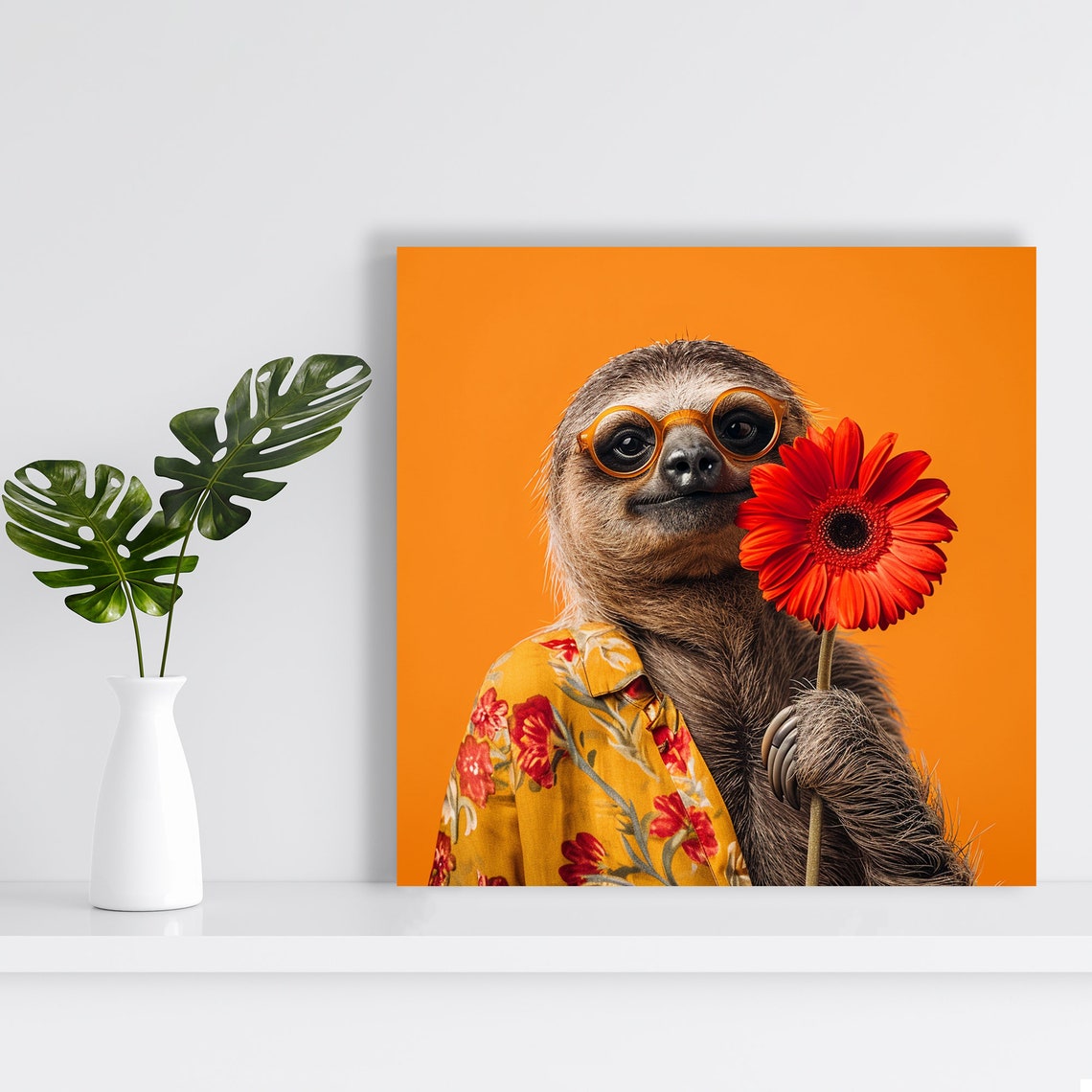 Flower Power Sloth Orange Glasses Red Daisy Retro Hipster Wall Art - Image 2