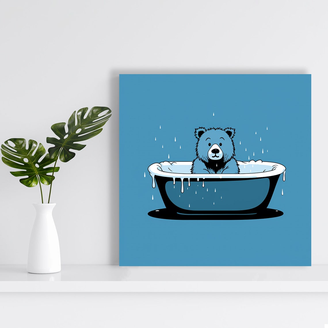 Bear in Bathtub Minimalist Blue Splatter Fun Whimsical Bathroom Poster - Image 2