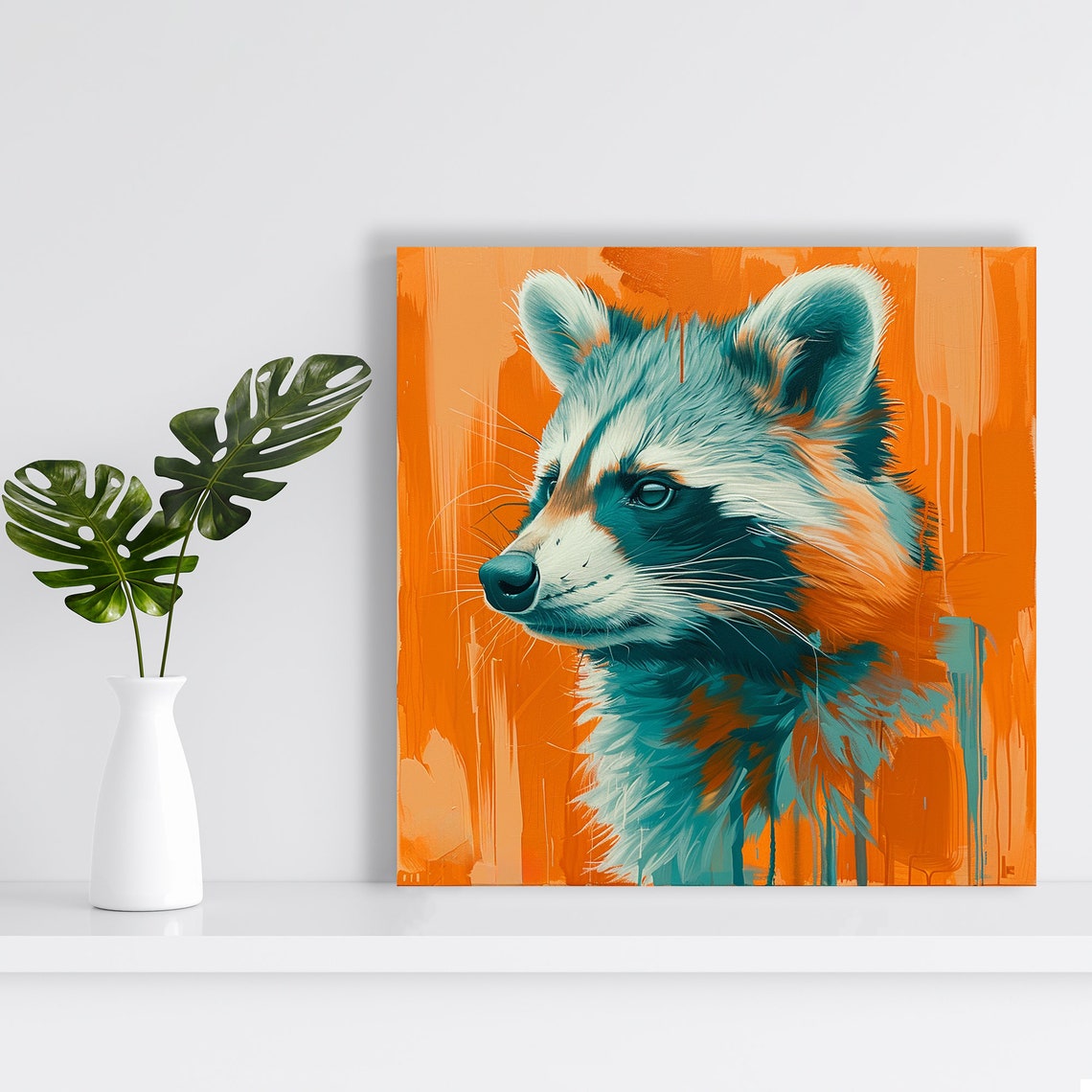 Raccoon Portrait Teal Fur Orange Background Modern Wildlife Art Poster - Image 2