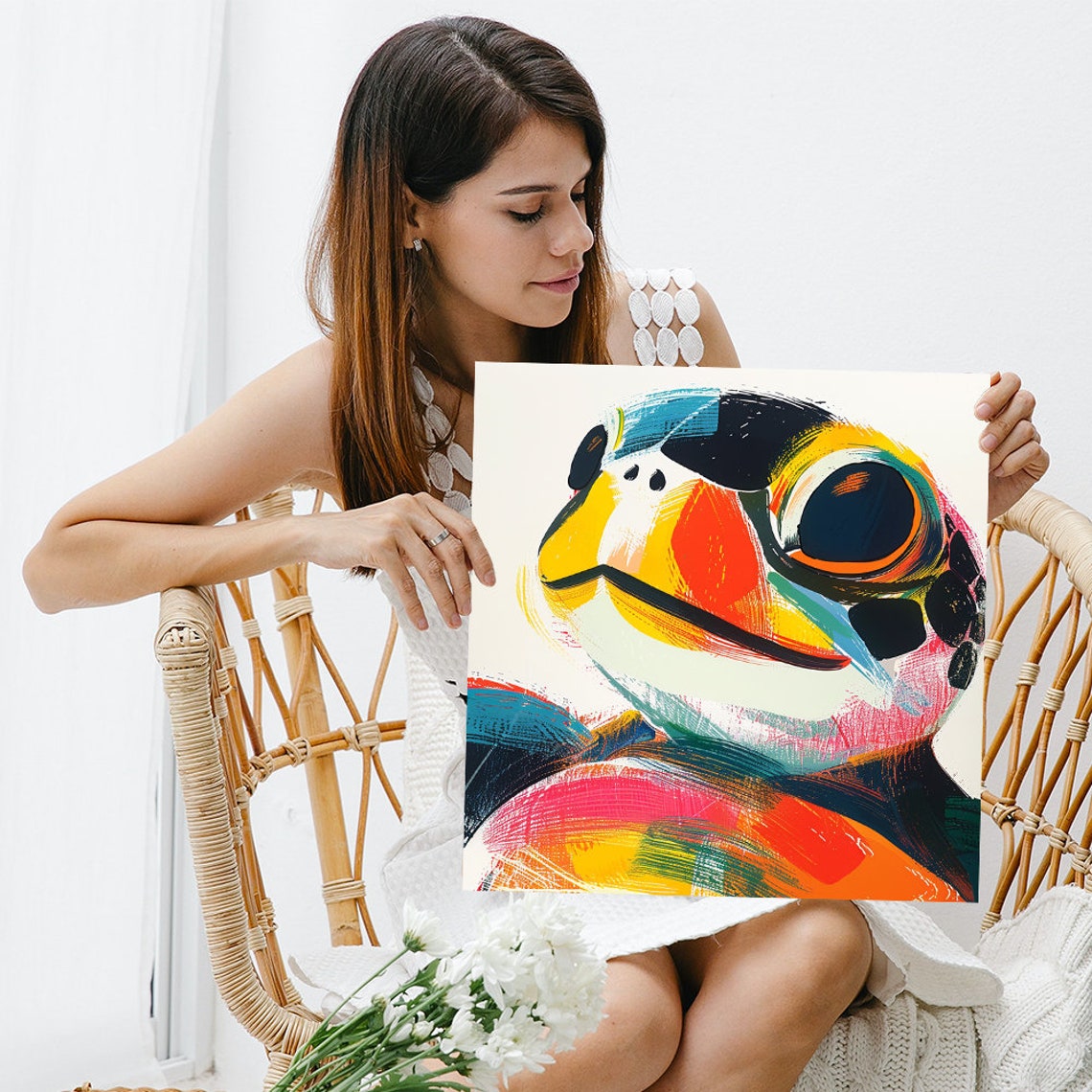 Puffin Abstract Brushstroke Art Yellow Red Blue Bird Wall Poster - Image 3