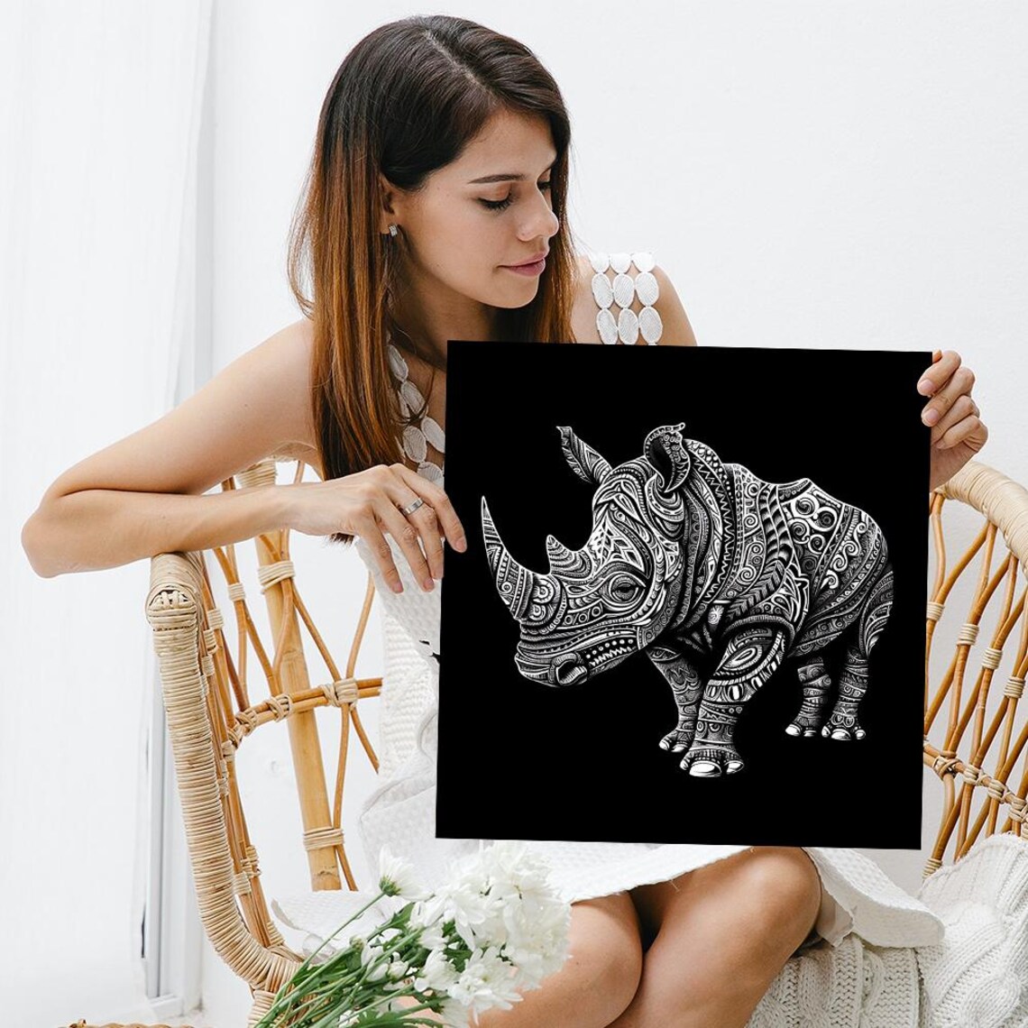 Ornate Rhino Mandala Intricate White Line Art On Black Poster - Image 3