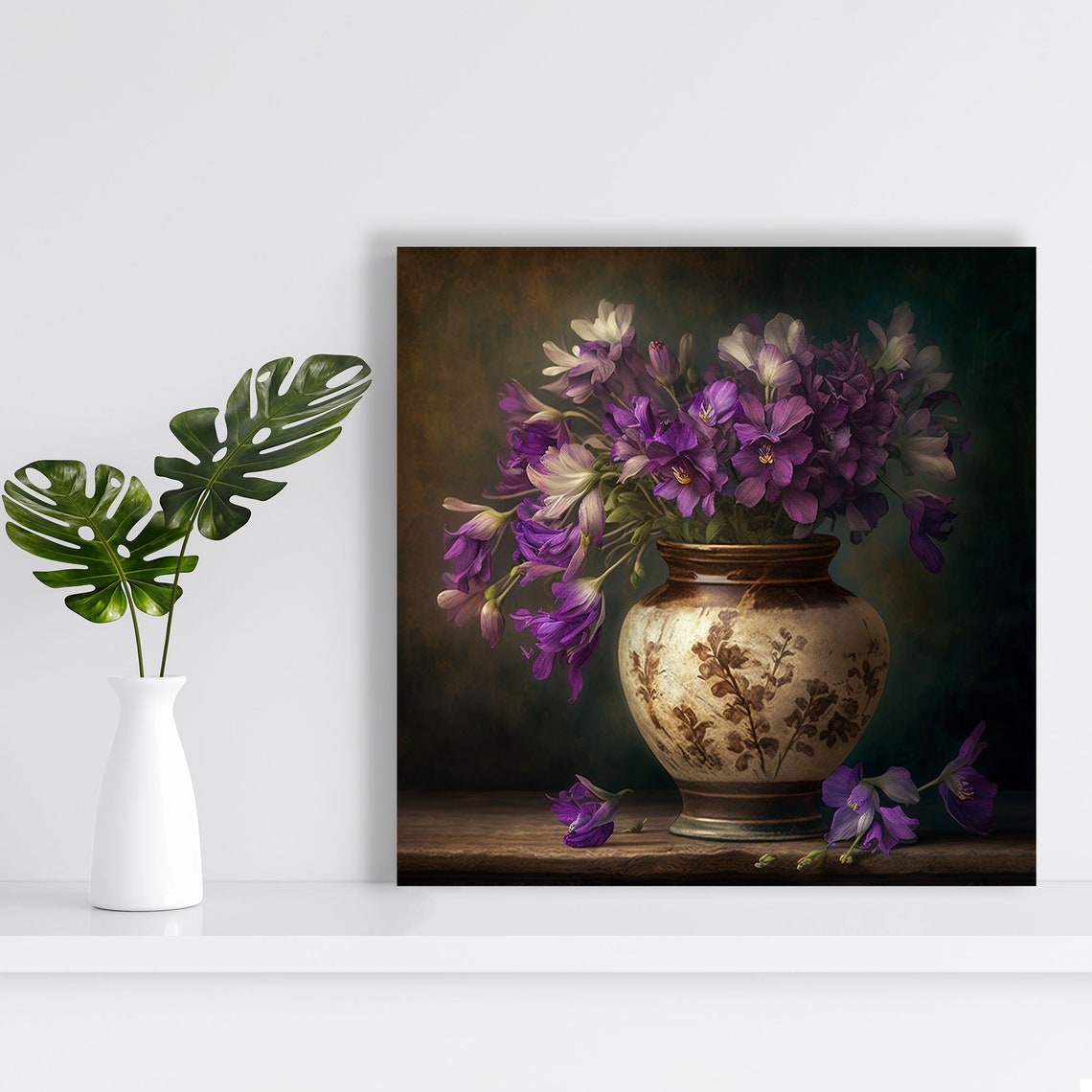 Purple Violet Flowers Still Life Vase Dark Moody Floral Canvas Poster - Image 3