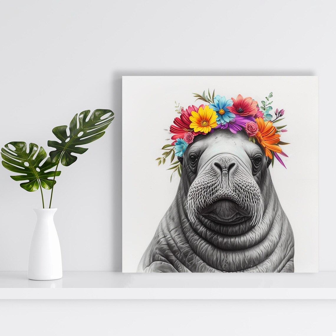 Walrus Floral Crown Whimsical Rustic Art Print - Image 2
