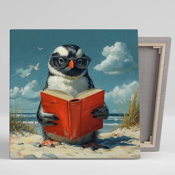 Penguin Beach Day Art Or Poster Whimsical Animal Coastal Decor Living Room Office Childrens Room Library Art Blue Orange White