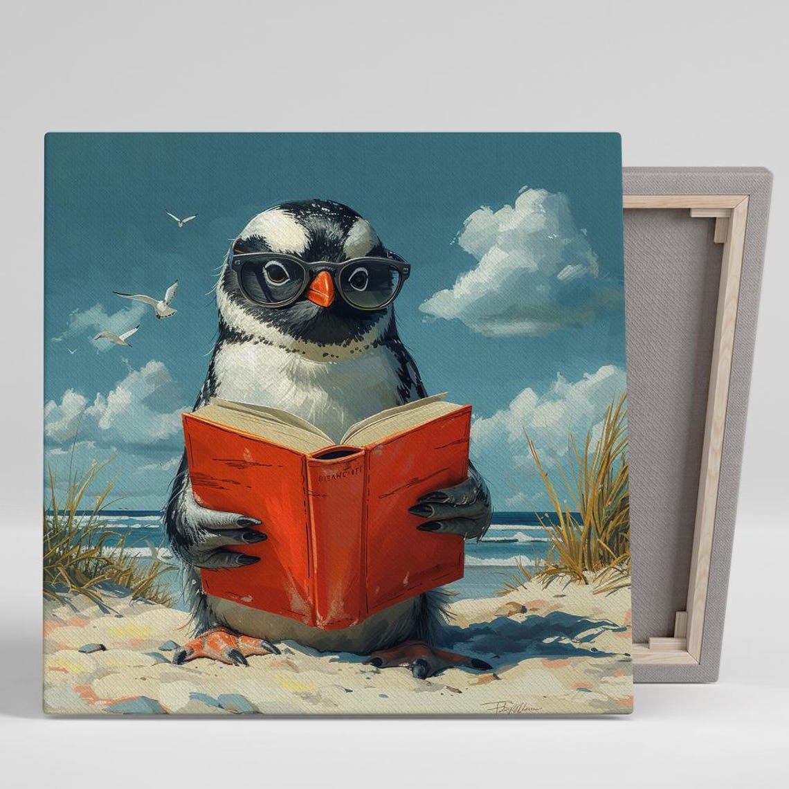 Penguin Reading Book On Beach Sunglasses Coastal Whimsical Art Poster