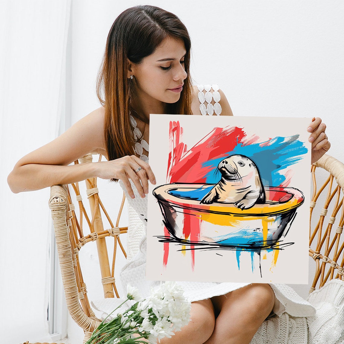 Smiling Seal In Bathtub Splashy Red Blue Pop Art Wall Poster - Image 3