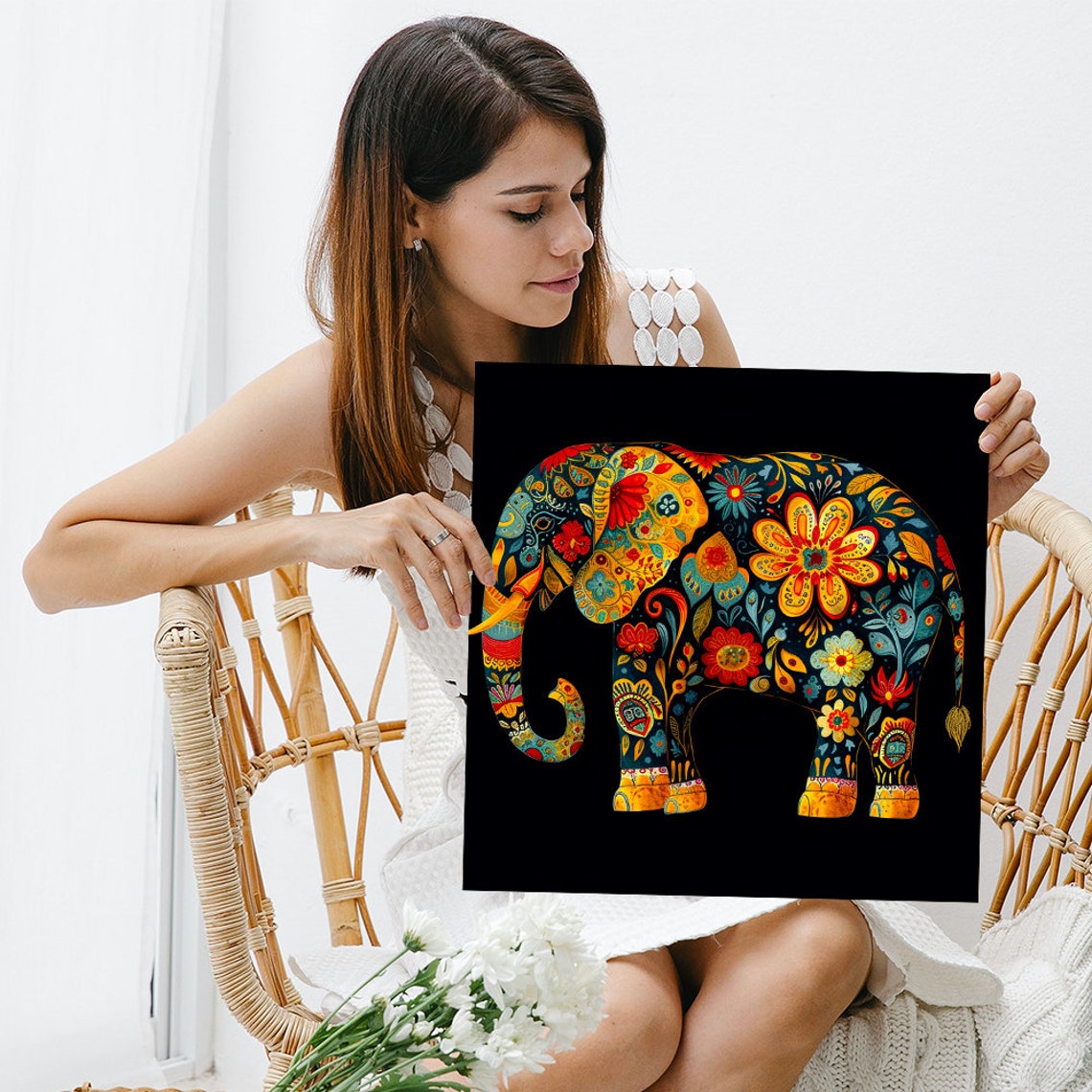 Floral Elephant Silhouette Paisley Pattern Black Background Poster - Image 3