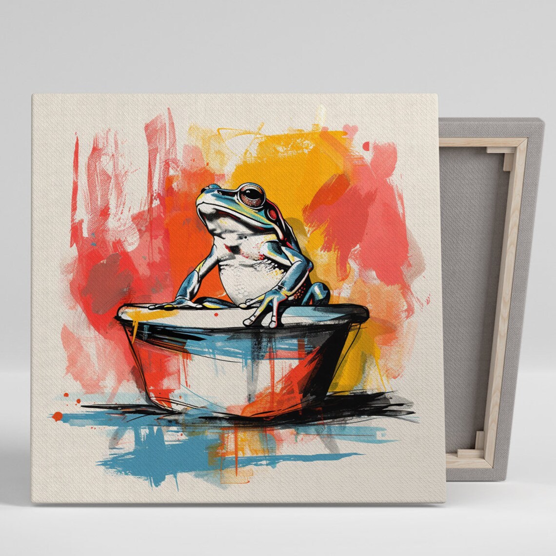 Frog Sitting In Painted Bathtub Colorful Watercolor Splash Art Poster