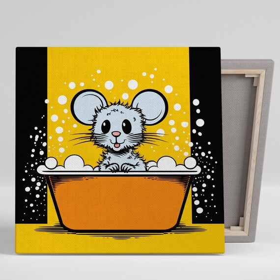 Bubbly Mouse Bath Time Art Or Poster Whimsical Pop Animal Decor Childrens Room Nursery Bathroom Wall Art Yellow Orange White