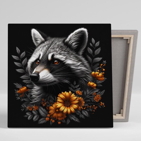 Raccoon Portrait With Orange Marigold Flowers Monochrome Black Wall Poster