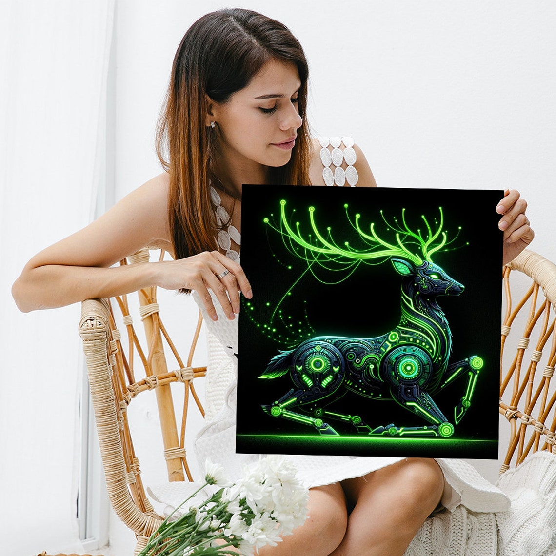Cybernetic Neon Green Deer Surreal Glowing Circuit Stag Black Wall Art - Image 3