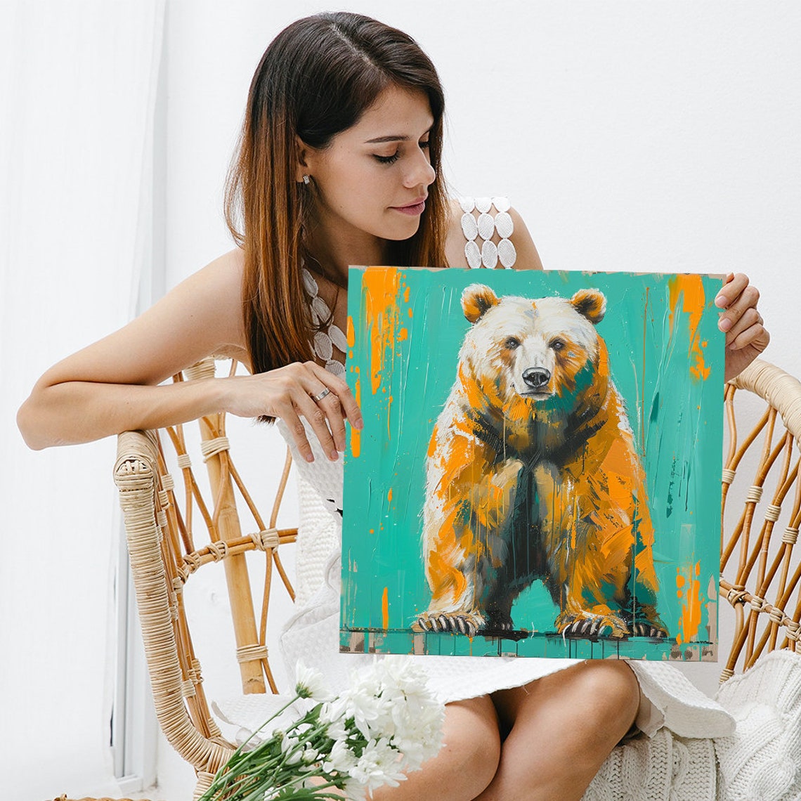Bear Standing Teal Background Orange Paint Splash Bold Wall Art - Image 3