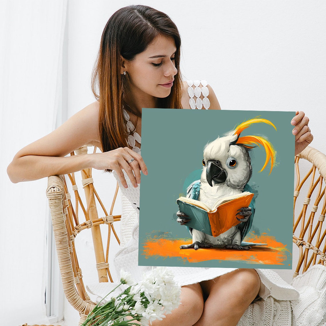 Cockatoo Reading Book Orange Crest Cute Library Decor Wall Art - Image 3