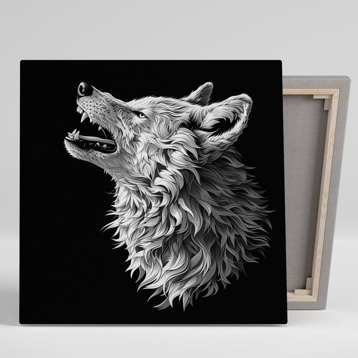 Howling Wolf Head Engraving Style White On Black Wall Art Poster