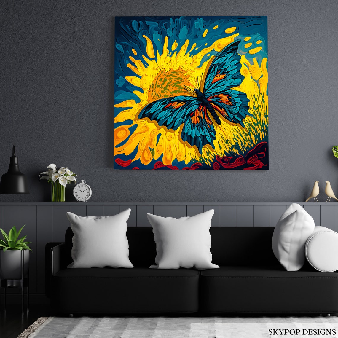 Blue Butterfly On Sunflower Van Gogh Style Swirling Color Art Poster - Image 3