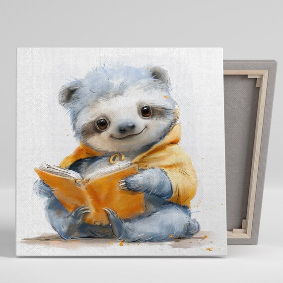 Baby Sloth Reading Book Watercolor Cute Nursery Kids Room Animal Poster