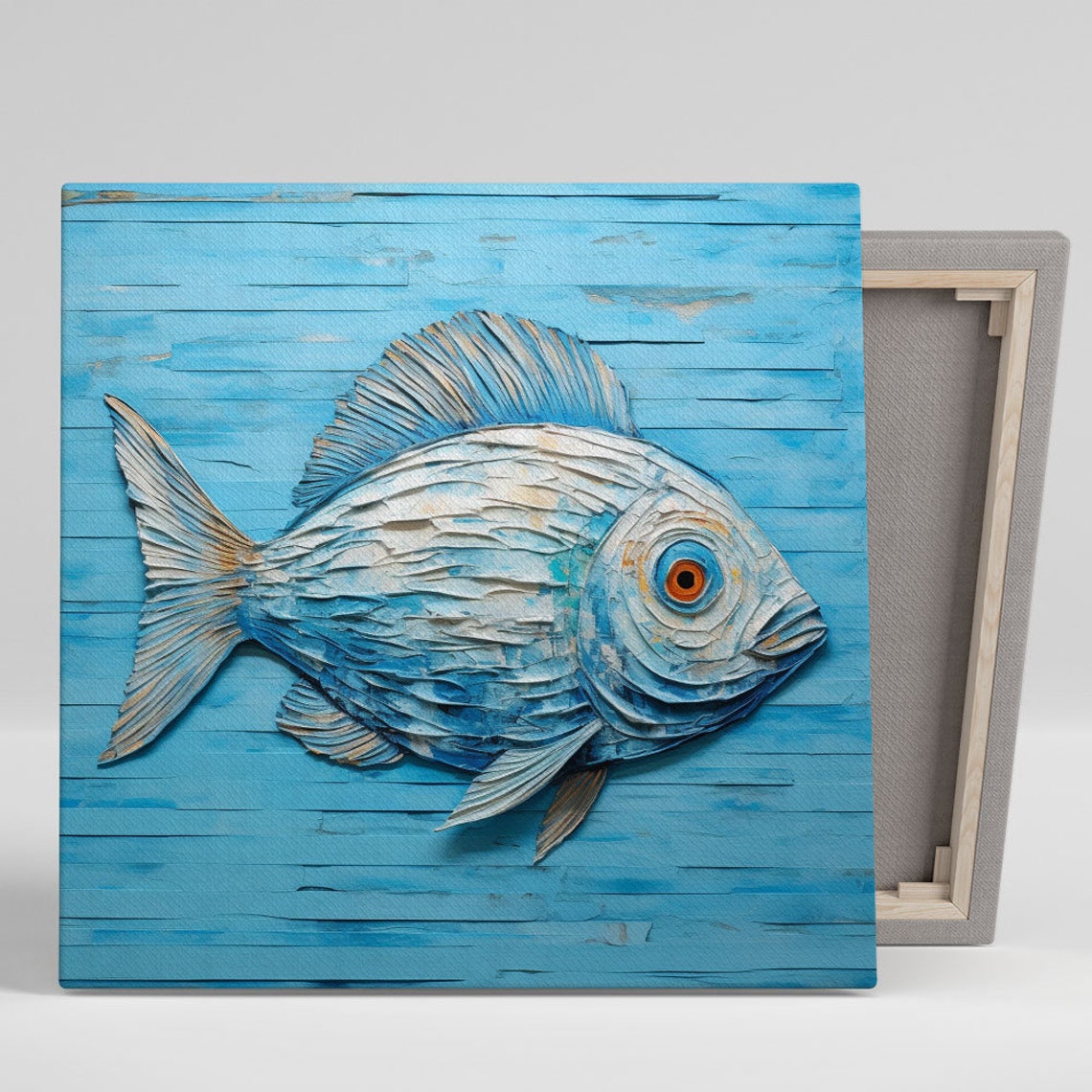 Blue And White Fish Paper Art Coastal Textured Ocean Wall Art Poster