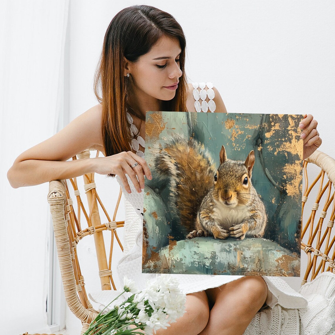 Cute Squirrel Sitting In Enchanted Teal Gold Forest Rustic Woodland Poster - Image 3
