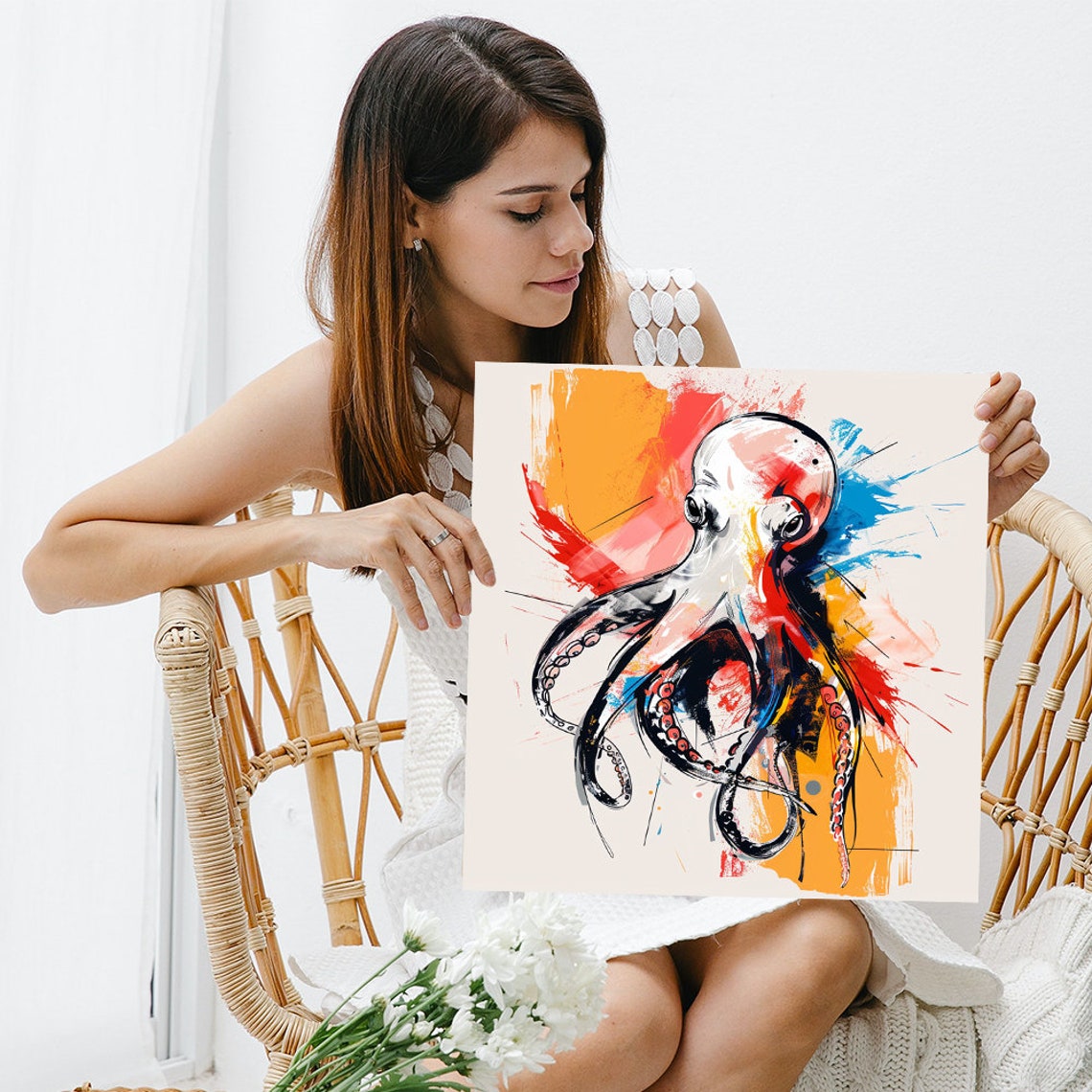 Abstract Octopus Ink Splash Red Blue Orange Contemporary Poster - Image 3