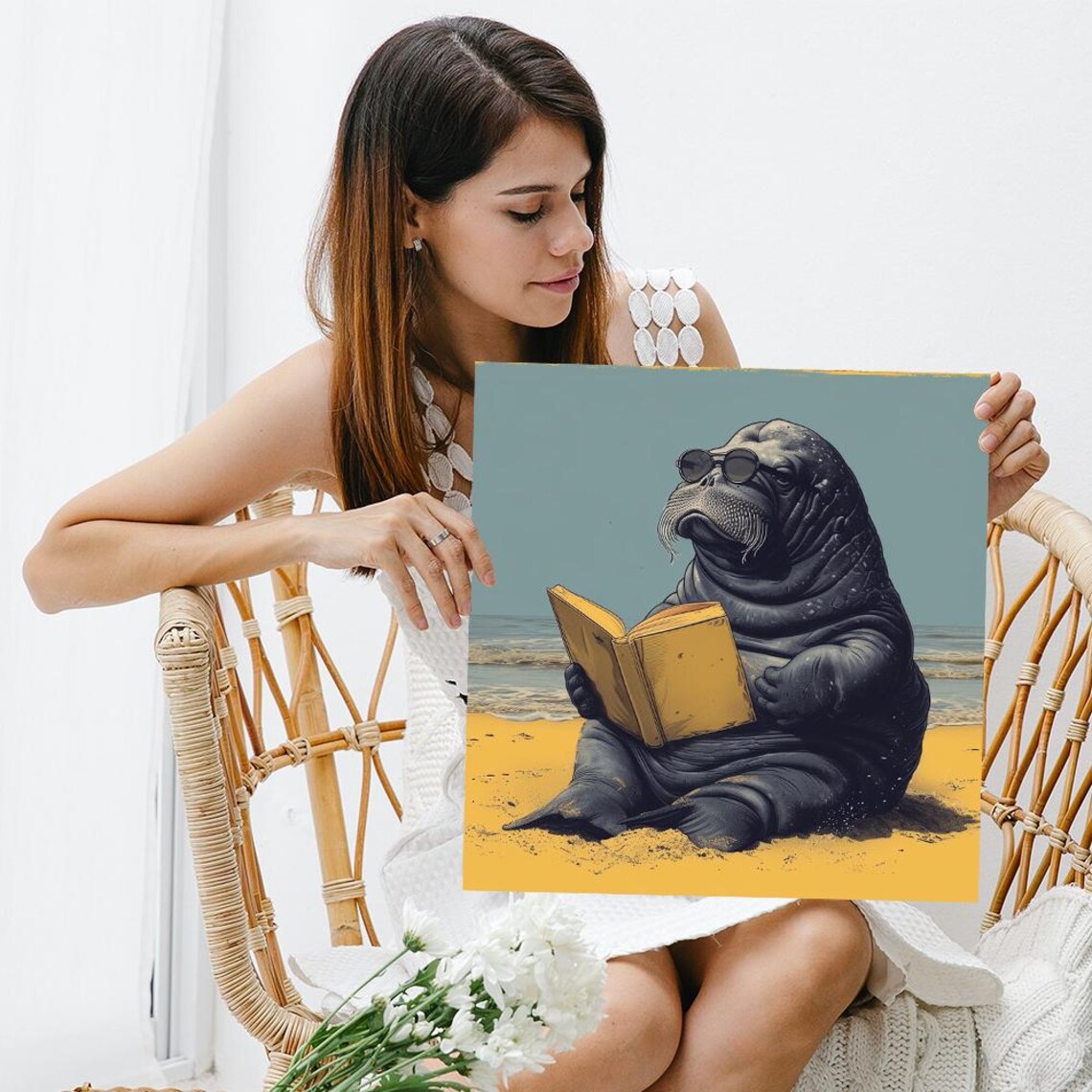 Walrus Reading Book On Beach Sunglasses Vintage Coastal Funny Animal Wall Art Print - Image 3