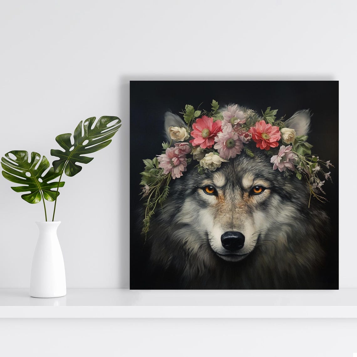 Wolf With Pink Floral Crown on Dark Background Boho Animal Wall Poster - Image 2