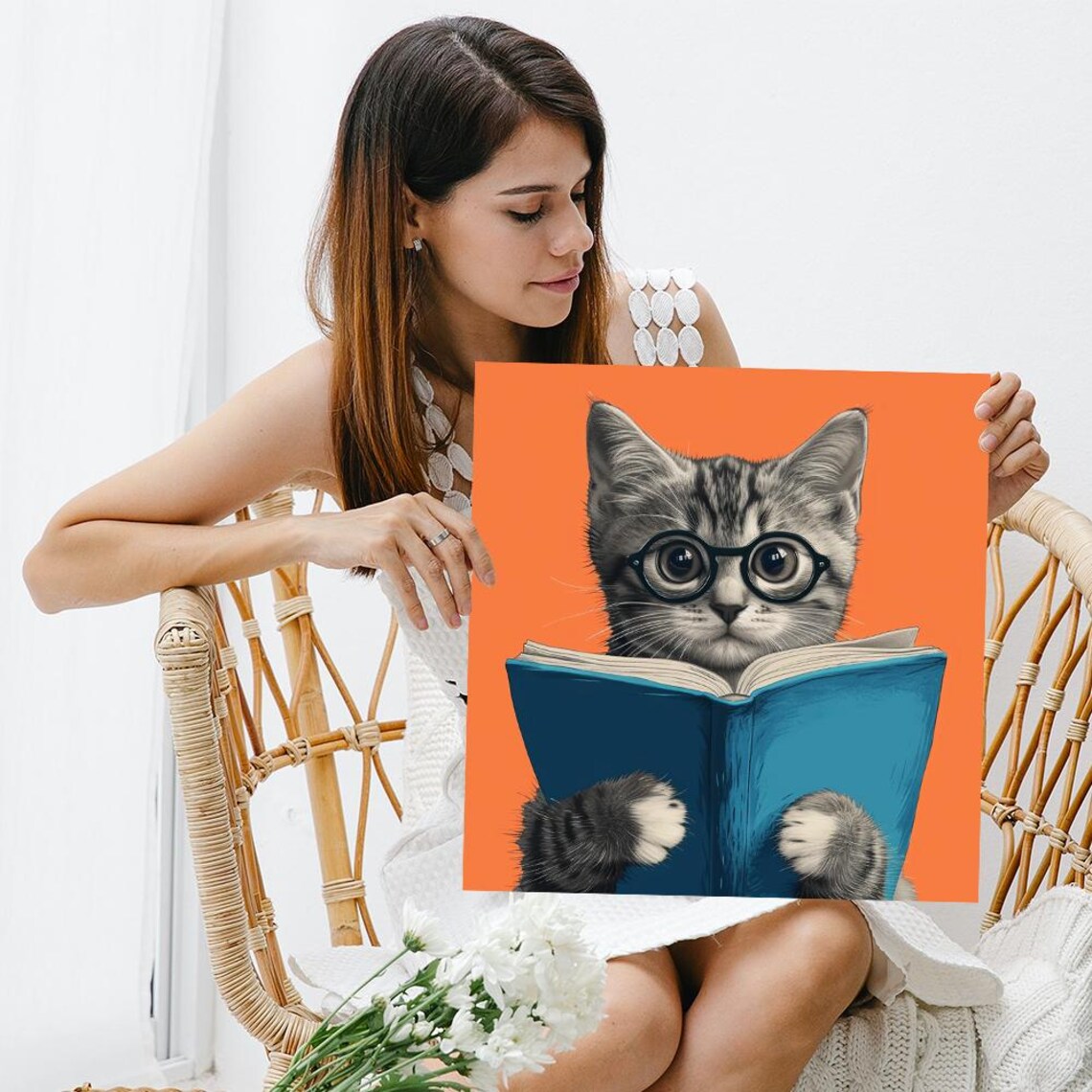 Nerdy Kitten Reading Book Wearing Glasses Cute Library Animal Poster - Image 3