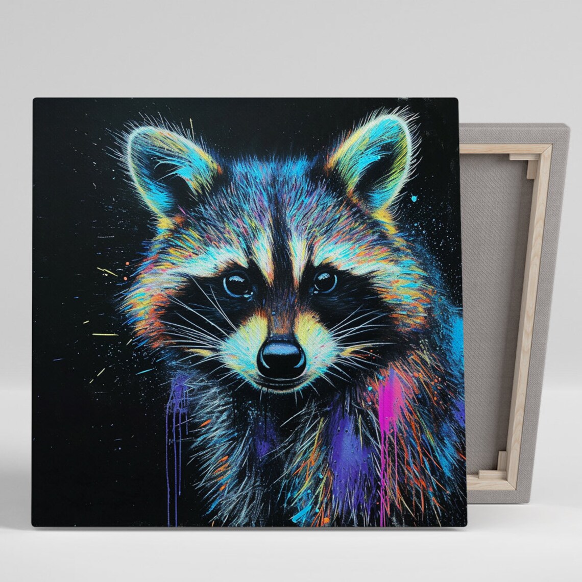 Cosmic Neon Raccoon Splash Portrait Black Background Colorful Art Poster