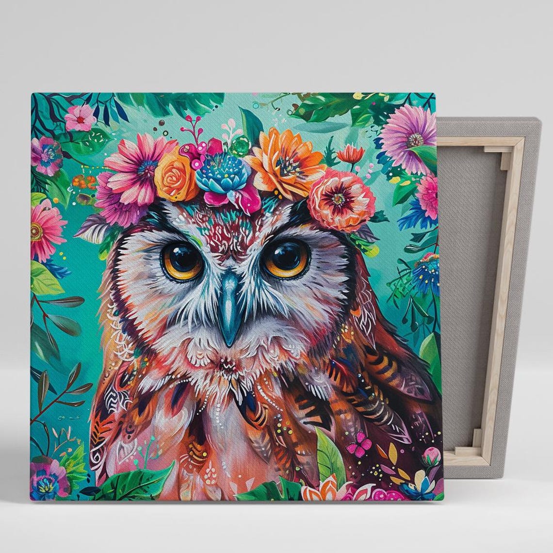 Colorful Owl With Flower Crown Tropical Blossom Wall Art Poster