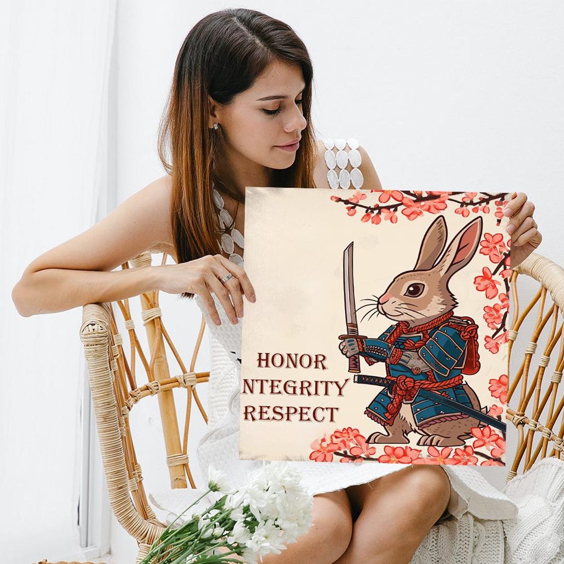Samurai Rabbit With Katana Cherry Blossoms Honor Integrity Poster - Image 3