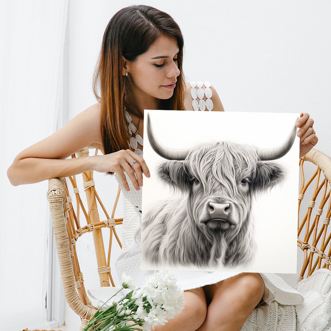 Highland Cow Black and White Pencil Portrait Rustic Farmhouse Poster - Image 3