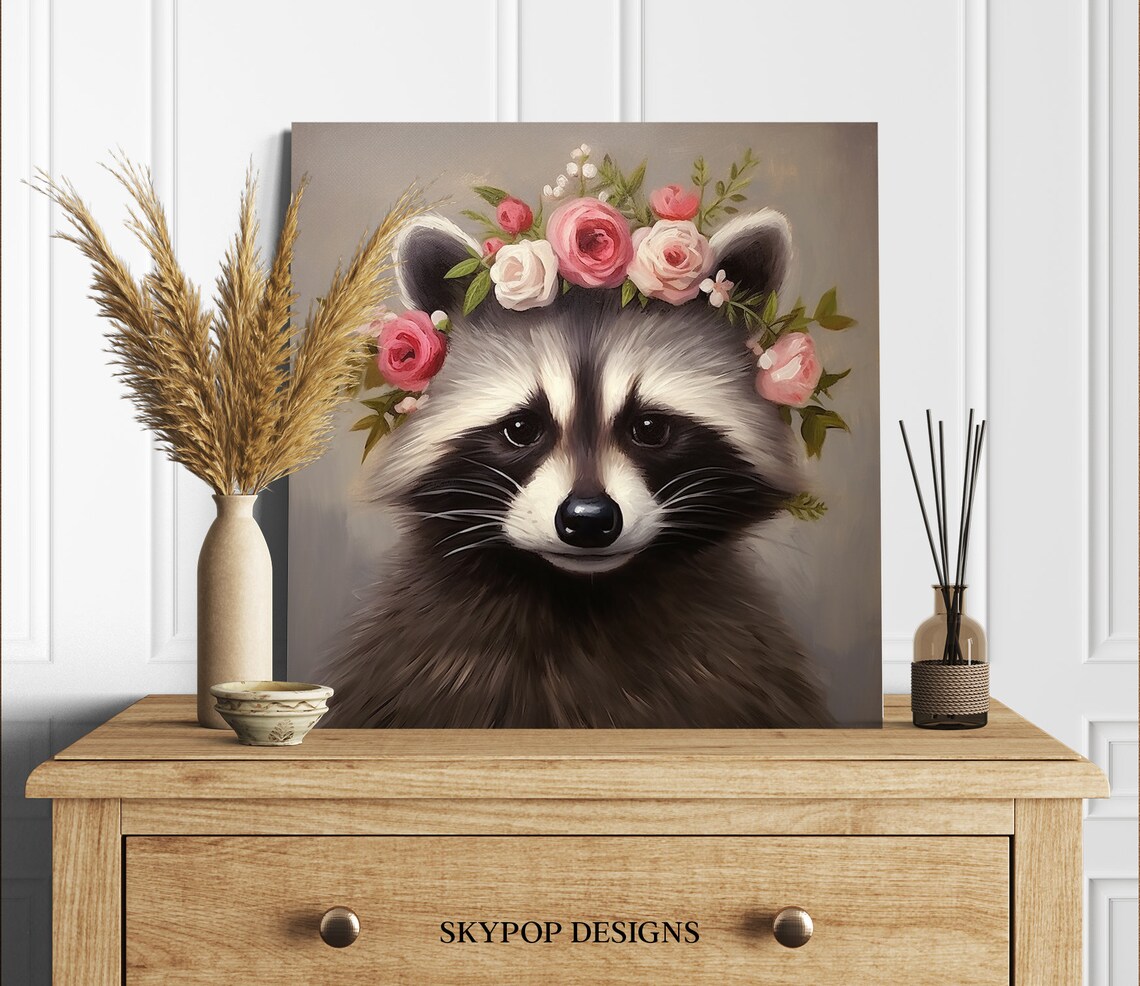 Baby Raccoon Pink Rose Crown Poster Soft Floral Nursery Kids Room Wall Art - Image 2