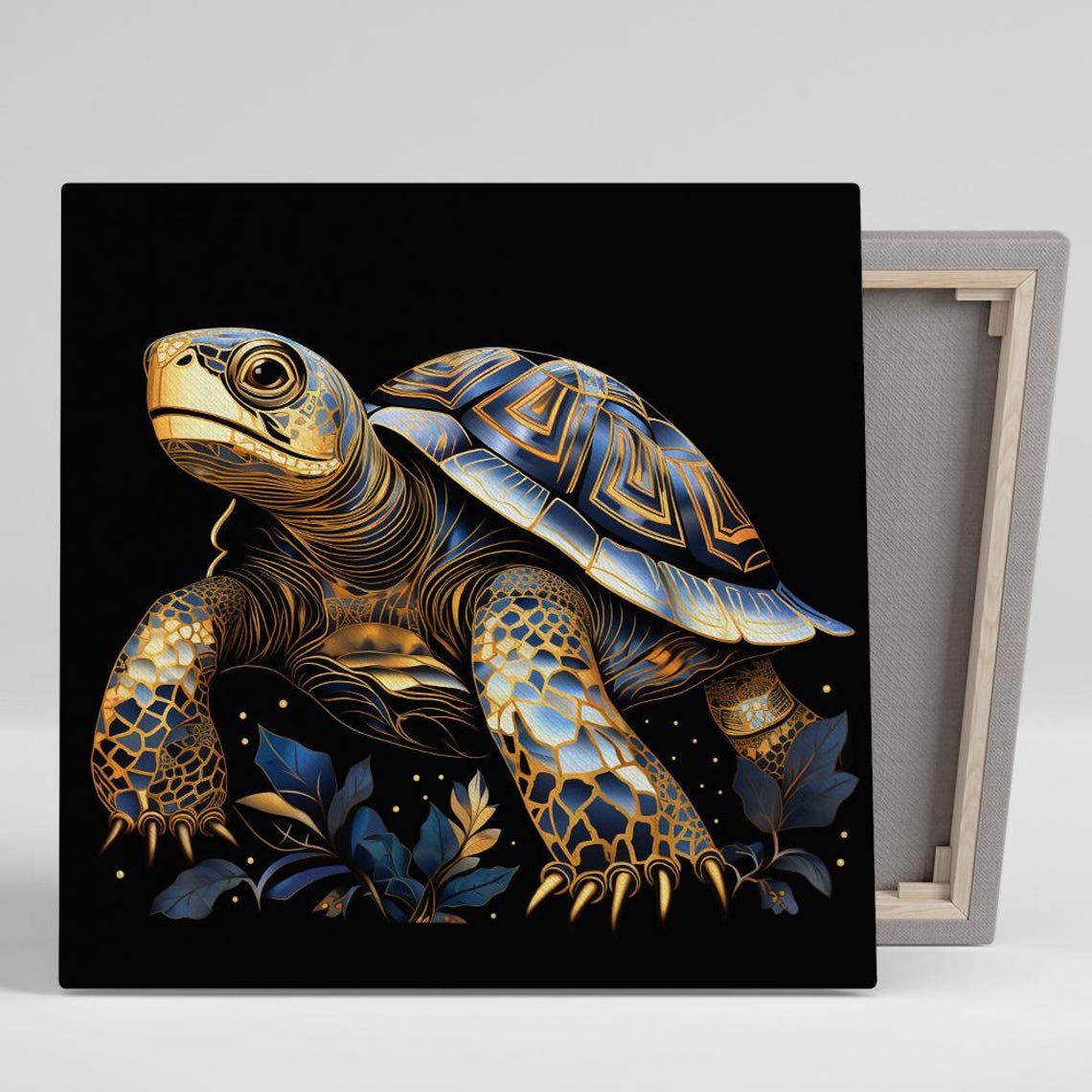 Golden Turtle With Ornate Blue Shell Art Deco Style Animal Poster