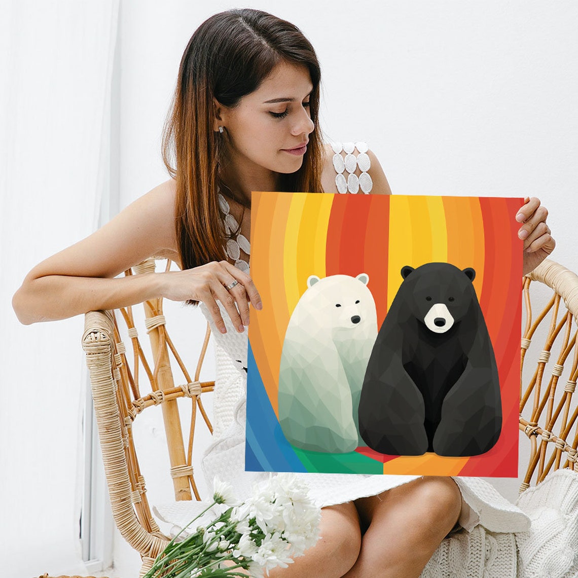Two Geometric Bears Black And White Rainbow Sunburst Kids Art Poster - Image 3