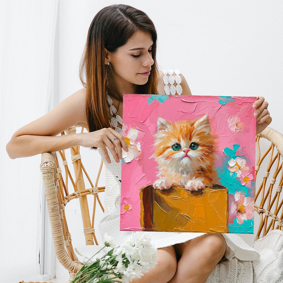 Fluffy Kitten In A Box, Whimsical Bohemian Art Print - Image 3