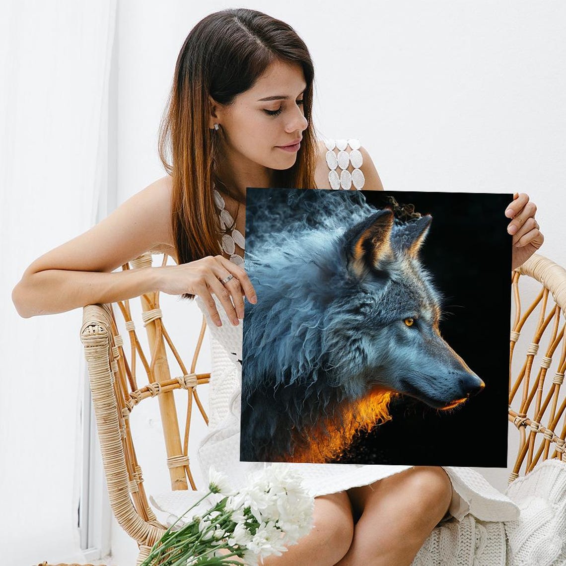 Ethereal Gray Wolf Smoke Portrait Golden Eye Moody Dark Art Poster - Image 3