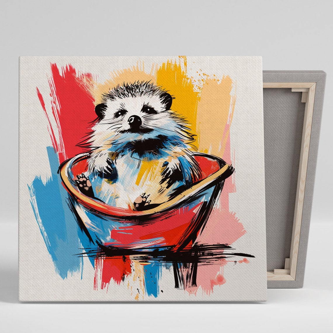 Hedgehog Bathtub Splashy Red Blue Yellow Playful Bath Decor Poster