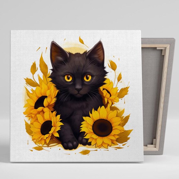 Black Kitten With Golden Eyes Surrounded By Bright Yellow Sunflowers Art