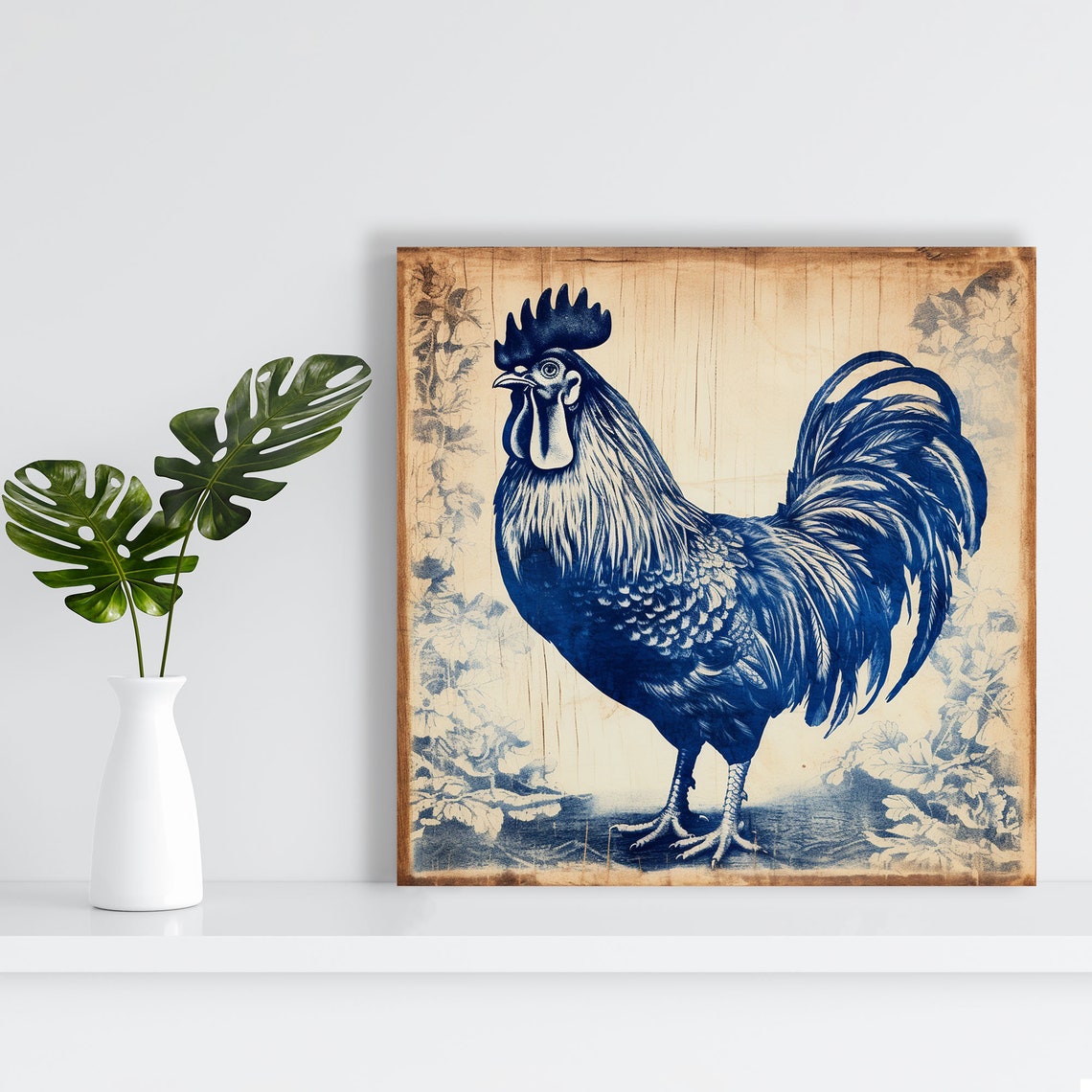 Navy Blue Rooster Vintage Aged Paper Rustic Farmhouse Wall Poster - Image 2