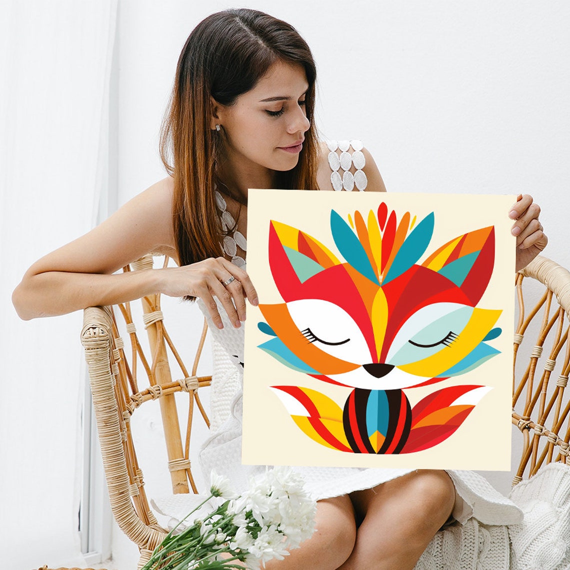 Geometric Fox Face Floral Petals Folk Art Red Orange Teal Wall Poster - Image 3
