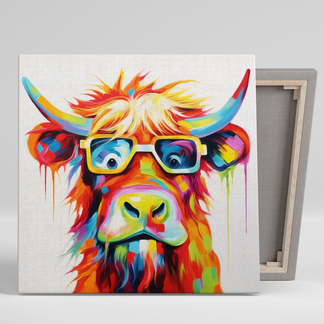 Highland Cow in Glasses Rainbow Drip Paint Whimsical Fun Animal Poster