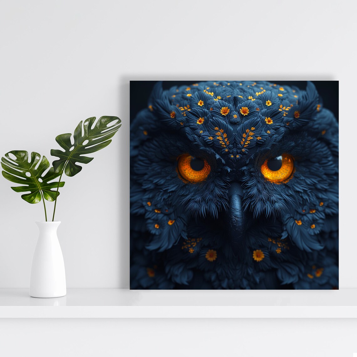 Mystical Dark Owl Face Glowing Orange Eyes Blooming Flowers Gothic Art Poster - Image 2