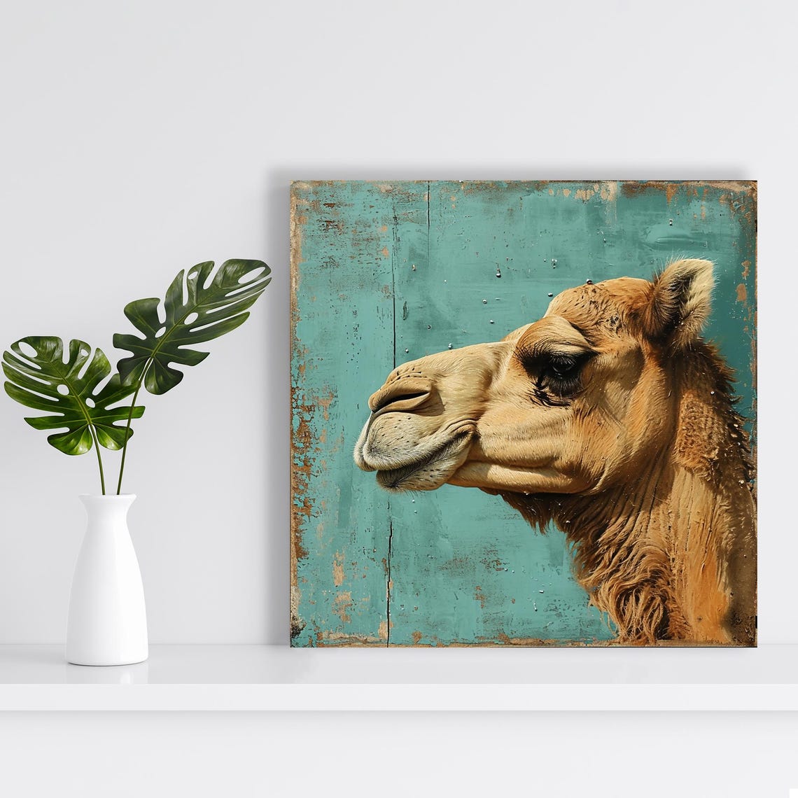 Camel Profile Portrait Rustic Turquoise Distressed Wood Animal Poster - Image 2