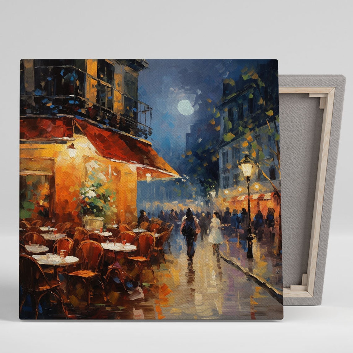 Moonlit European Cafe Street Night Red Awning Impressionist Art Poster