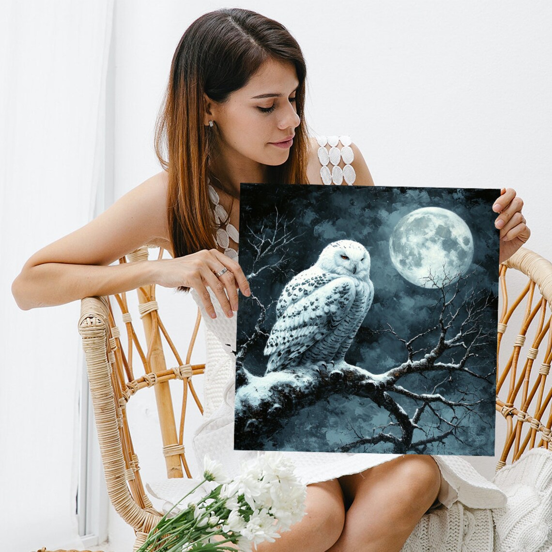 Snowy Owl Moonlit Winter Night Perched Branch Moody Nature Poster - Image 3