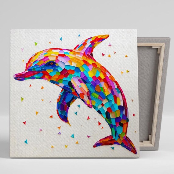 Dolphin Mosaic Art Or Poster Whimsical Modern Decor Living Room Children Room Bedroom Office Wall Art Multicolor Blue Red Yellow